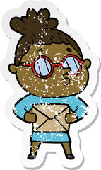 distressed sticker of a cartoon woman wearing glasses