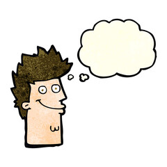 cartoon happy man face with thought bubble