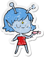 distressed sticker of a cartoon alien girl with ray gun