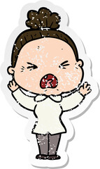 distressed sticker of a cartoon angry old woman