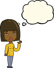 cartoon woman waving with thought bubble