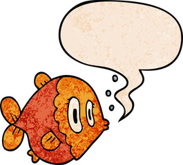 cartoon fish and speech bubble in retro texture style