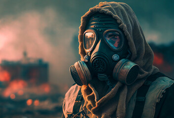 Gas mask on a man's face in Smog with smoke. Environmental disaster and Air pollution. Global warming and Hazard polluted. Nuclear explosion and chemical weapons poisoning in war. Ai Generative