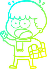cold gradient line drawing cartoon shocked man with gift