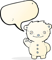 cartoon waving polar bear with speech bubble