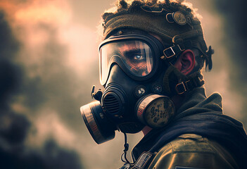 Gas mask on a man's face in Smog with smoke. Environmental disaster and Air pollution. Global warming and Hazard polluted. Nuclear explosion and chemical weapons poisoning in war. Ai Generative