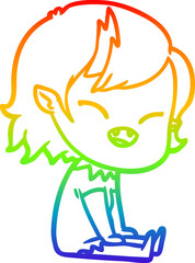 rainbow gradient line drawing cartoon laughing vampire girl sitting