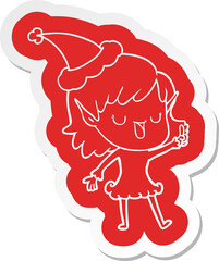 cartoon  sticker of a elf girl wearing santa hat