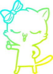cold gradient line drawing cartoon cat with bow on head