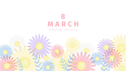 Fototapeta na wymiar International women's day banner. Colored daisy flowers and leaves on white background
