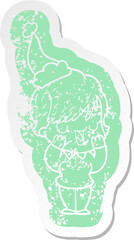 cartoon distressed sticker of a woman talking wearing santa hat