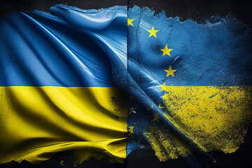 Ukrainian flag and european union flag. AI Generative Illustration