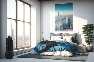 a bedroom with a large picture hanging above the bed and a window with a city view in the background and a bed with a blue comforter and pillows on the floor and a rug