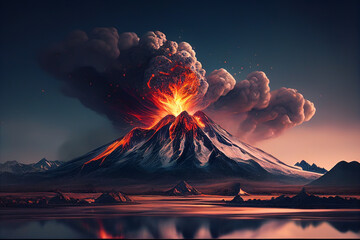Volcanic eruptions landscape. Volcano magma at mountain Island. Volcano crater lava eruption. Lava crater with magma. Vulcanus view at night. Active Volcano with red Lava in Iceland. AI Generative