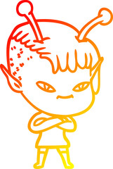 warm gradient line drawing cute cartoon alien girl