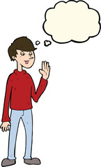 cartoon waving man with thought bubble
