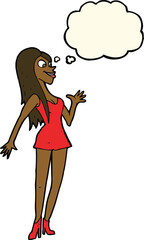 cartoon woman in pink dress with thought bubble