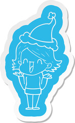 cartoon  sticker of a happy woman wearing santa hat