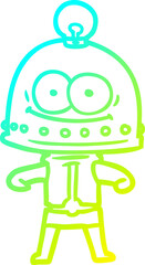 cold gradient line drawing happy carton robot with light bulb