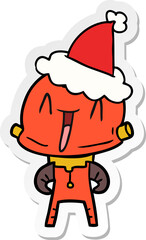 sticker cartoon of a robot wearing santa hat