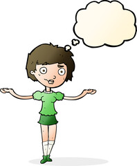 cartoon woman spreading arms with thought bubble