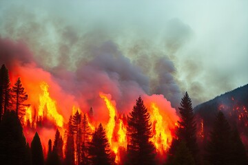 Fototapeta premium Intense flames from a massive forest fire, generative ai. Flames light up the evening as they rage thru pine forests and sage brush