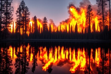 Intense flames from a massive forest fire, generative ai. Flames light up the evening as they rage thru pine forests and sage brush