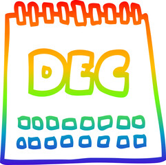 rainbow gradient line drawing cartoon calendar showing month of december