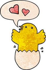 cute hatching chick cartoon and speech bubble in retro texture style