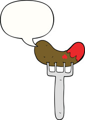 cartoon sausage on fork and speech bubble