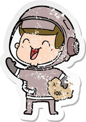 distressed sticker of a happy cartoon astronaut