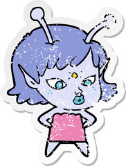 distressed sticker of a pretty cartoon alien girl