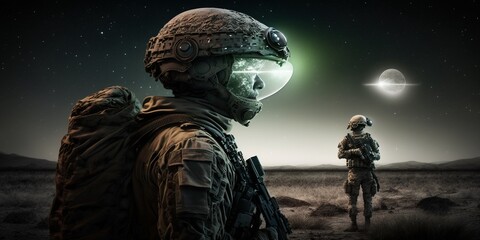 Fototapeta na wymiar Astronauten auf dem Mond mit Anzug und Helm schauen sich um, ai generativ