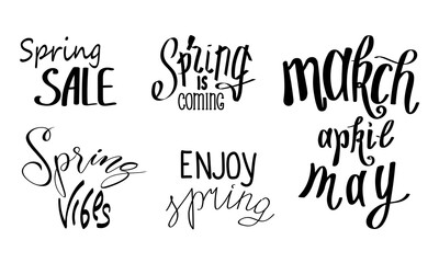 A handwritten set of spring phrases. Isolated vector lettering, logo, icon. Template for postcards, banners. Spring decoration.