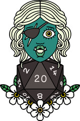 half orc rogue with natural twenty dice roll illustration