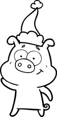 happy line drawing of a pig wearing santa hat