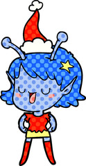 happy alien girl comic book style illustration of a wearing santa hat