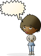 cartoon nervous woman with speech bubble