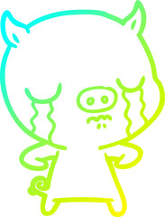 cold gradient line drawing cartoon pig crying
