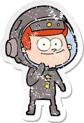 distressed sticker of a happy astronaut cartoon