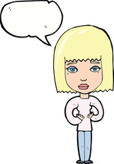 cartoon woman indicating self with speech bubble