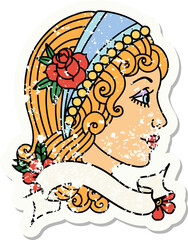 grunge sticker with banner of a gypsy head