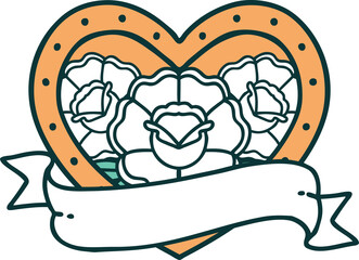 tattoo style icon of a heart and banner with flowers