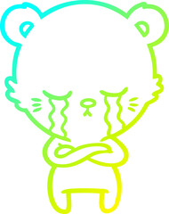 cold gradient line drawing crying cartoon bear with folded arms