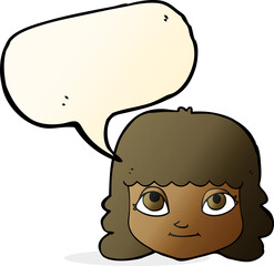 cartoon happy female face with speech bubble