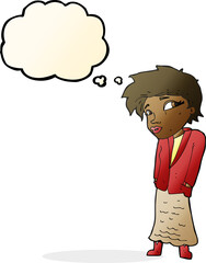 cartoon woman with hands in pockets with thought bubble