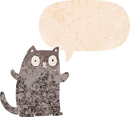cartoon cat and speech bubble in retro textured style