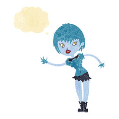 cartoon vampire girl welcoming with thought bubble