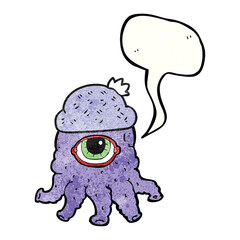 speech bubble textured cartoon alien wearing hat