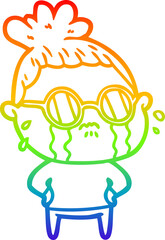 rainbow gradient line drawing cartoon crying woman wearing sunglasses